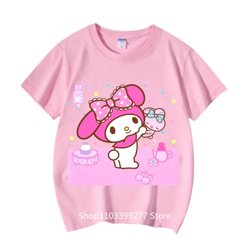 100% Cotton Summer Clothes Absorb Sweat Breathable T-Shirt Sanrio Cartoon Anime Cute MyMelody Short Sleeve T-Shirt Girls T-Shirt