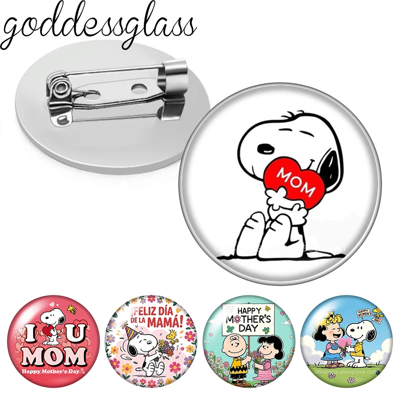 Glücklicher Muttertag Herzen Snoopy Love Mom Foto Glas-Cabochon Brosche Anstecknadel Tasche Kleidung Denim Jeans Reversnadel Abzeichen