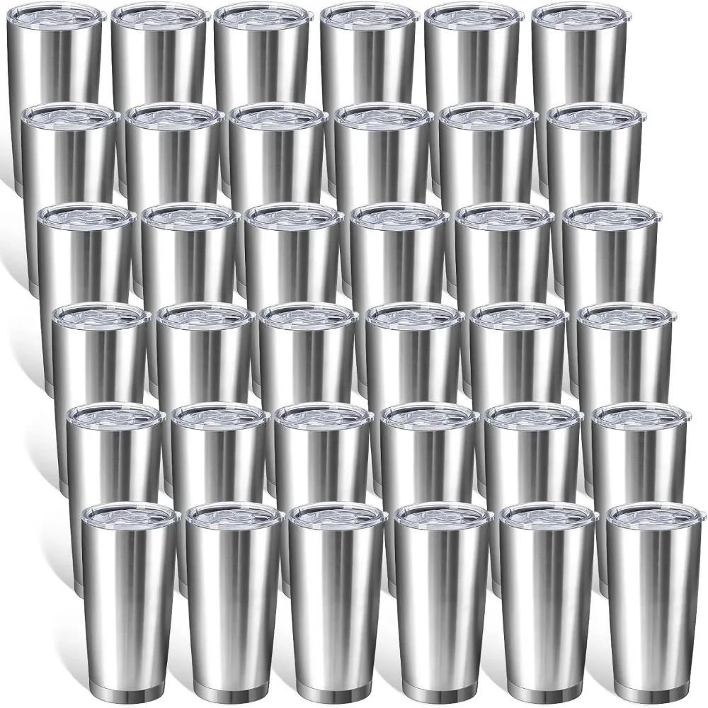 36 packs of stainless steel insulated cups in bulk with lids, vacuum double walled, powder coated (silver, 20 ounces)