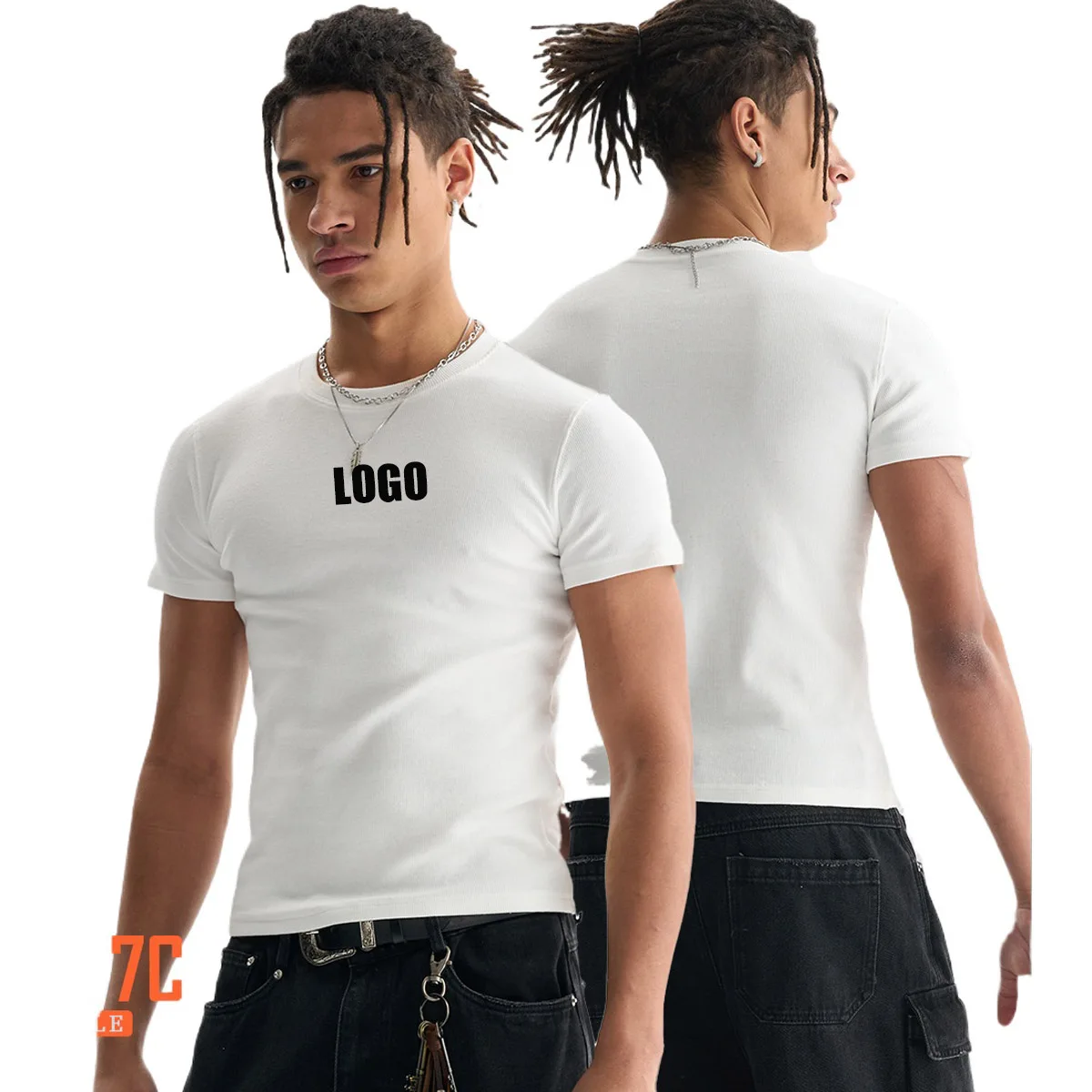 Custom LOGO Men's High Quality Skinny Short Threaded Short Sleeve T-Shirt Elastic Casual Sports Top