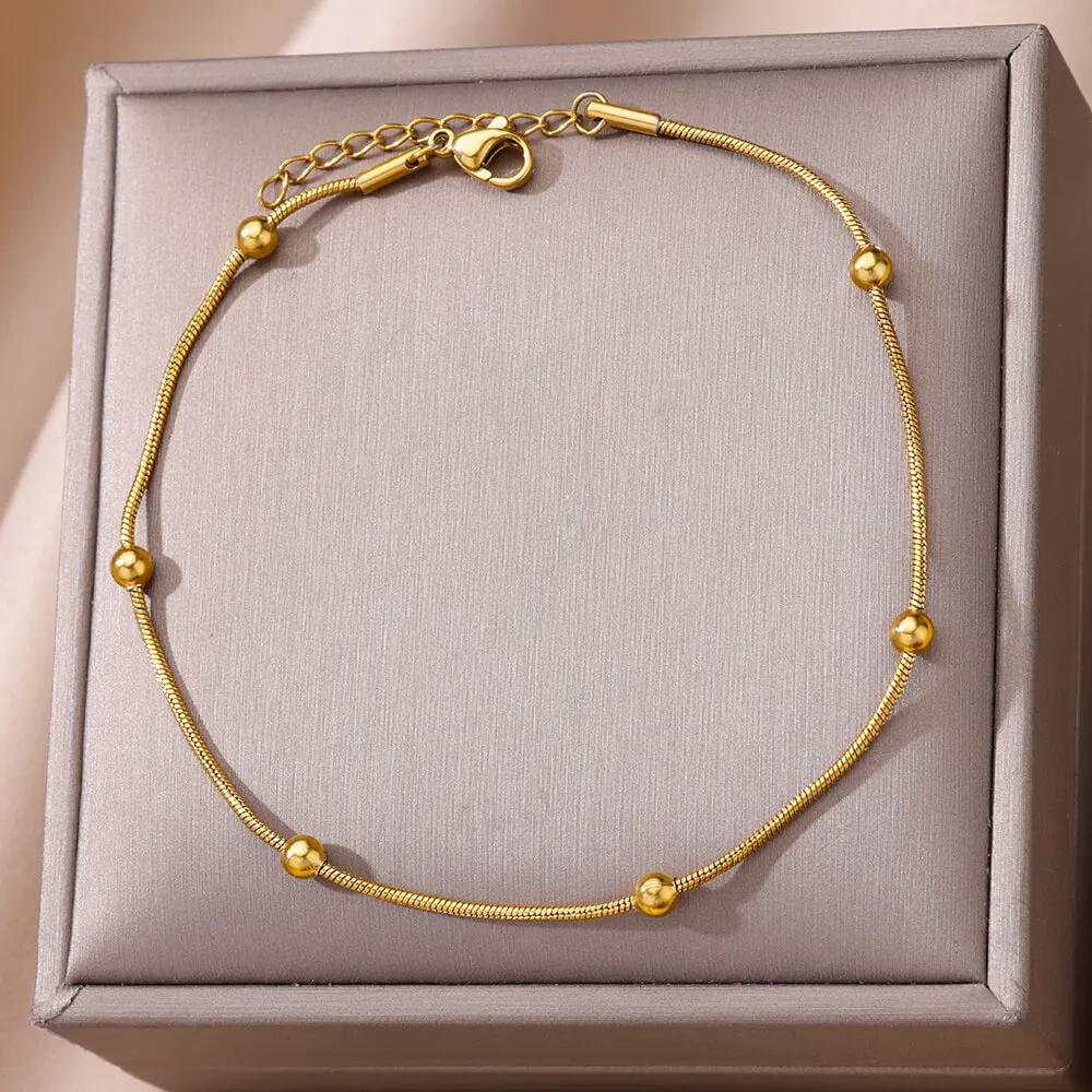 Gold Color Beads Round Snake Chain Anklets for Women Stainless Steel Leg Chain Ankle Bracelet femme Summer Beach Foot Jewelry