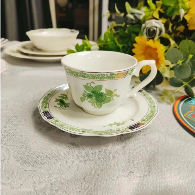Vintage Green Floral Porcelain Tea Cup & Saucer Set Elegant Ceramic Coffee Cup for Afternoon Tea Party Tableware Gift