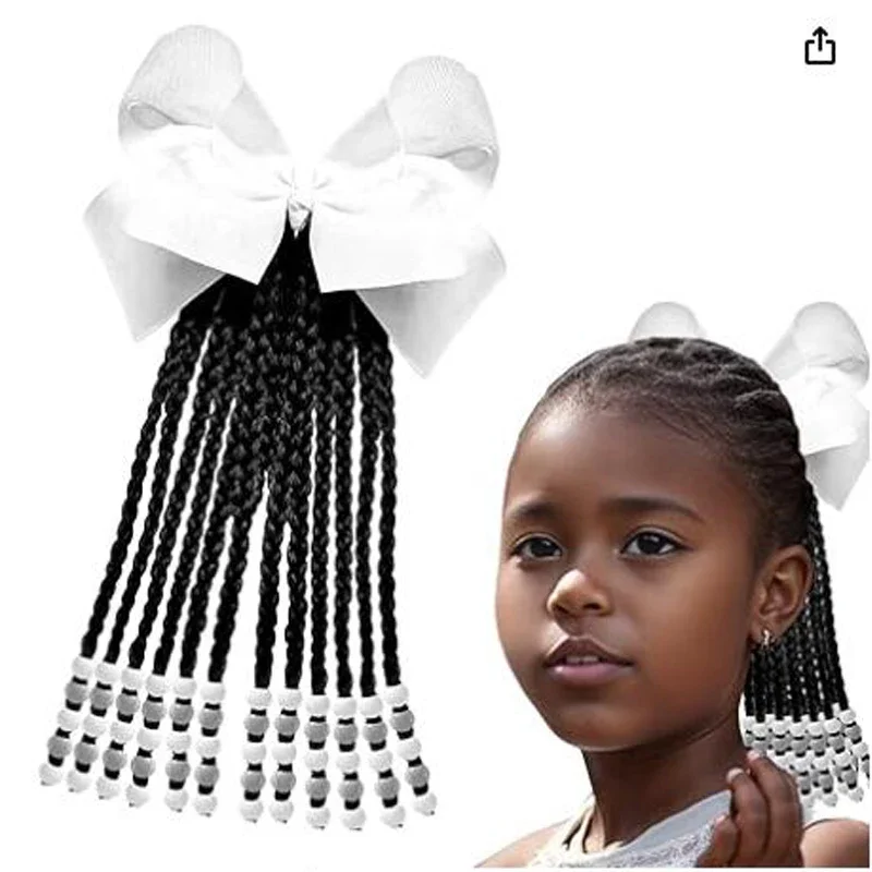 Kids Ponytail With Beads Braids Hair Extension Detachable  Curly Hairpieces With Bows Protective Easy Hairstyle For Girls