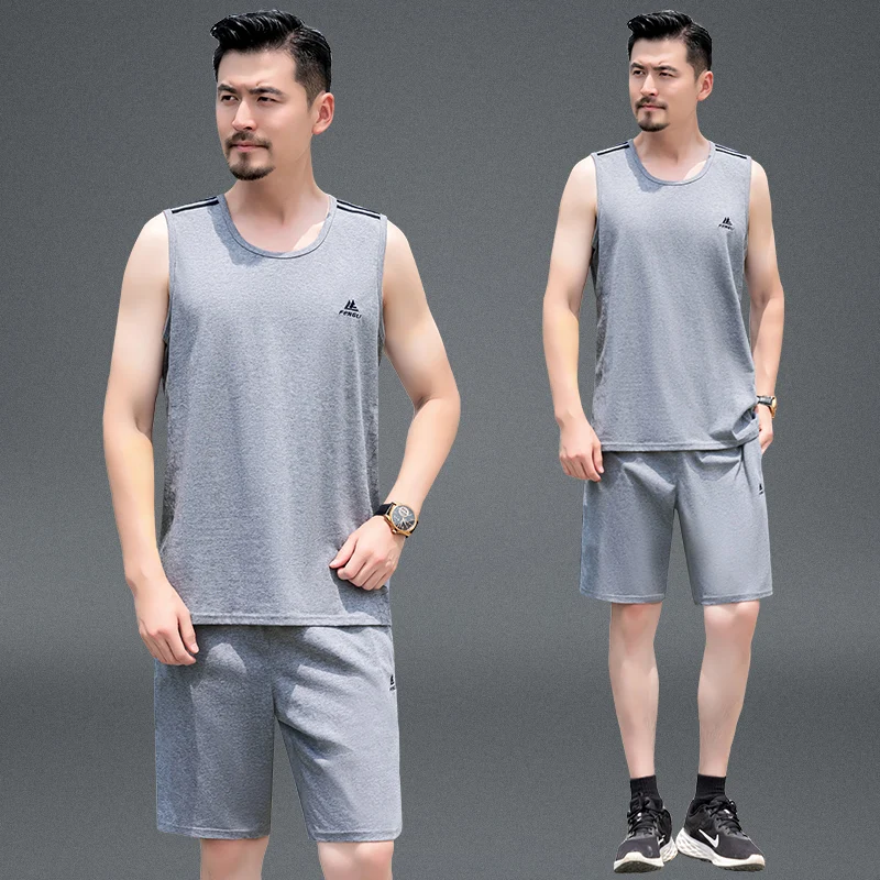 

Мужской летний спортивный костюм из быстросохнущей ткани: майка и шорты для активного отдыха, повседневной носки, занятий баскетболом, для мужчин среднего возраста, стильный комплект для папы.