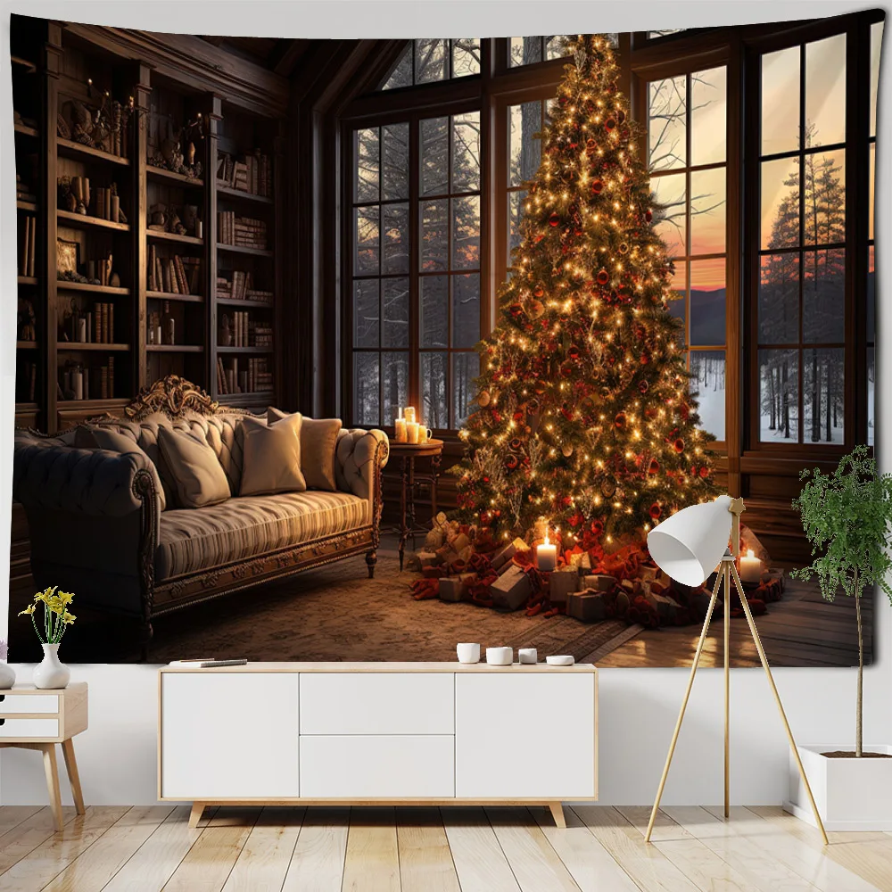 

Home Christmas decoration tapestry, living room, house wall art decoration, Christmas tree, fireplace, printed hanging cloth