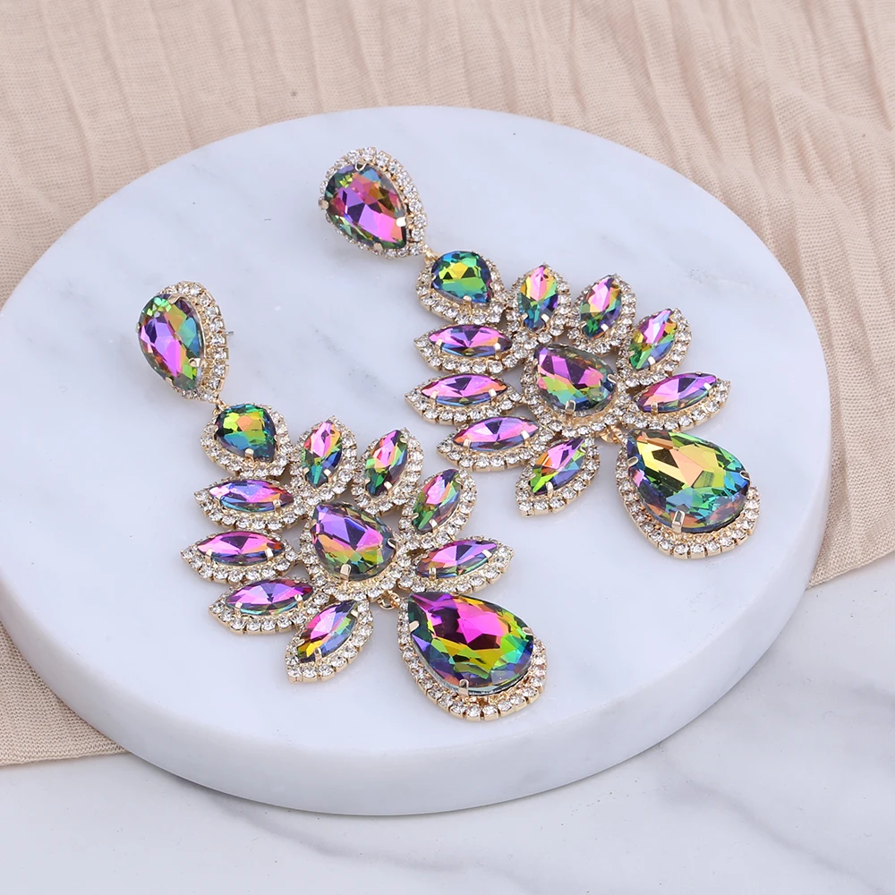 New Novelty Design Shiny Rhinestone Flowers Dangle Earrings For Women Fashion Jewlery Evening Dress Statement Earrings Accessory