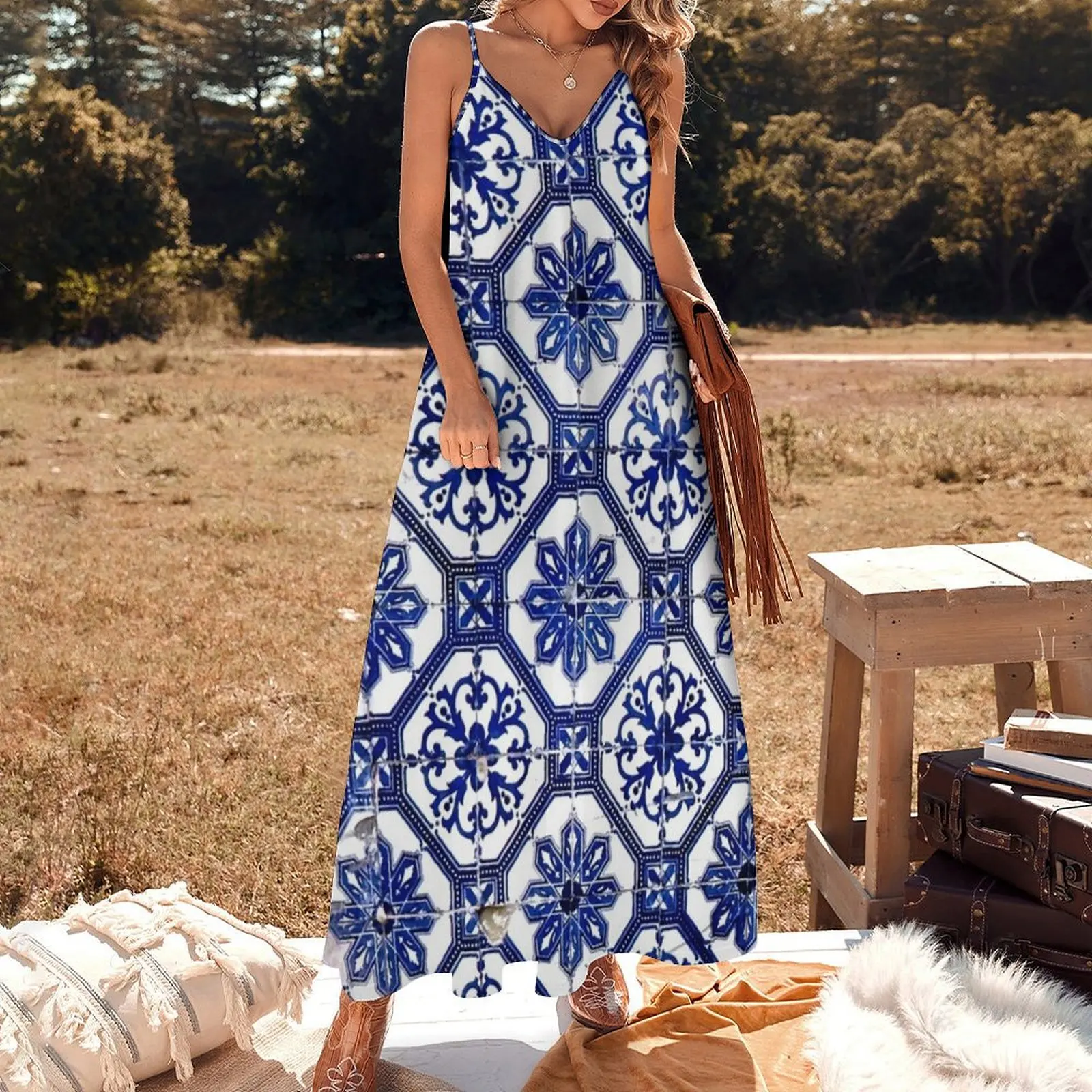 Blue and White Portuguese Tile Sleeveless Long Dress evening dress ladies elegant dresses plus sizes Dress