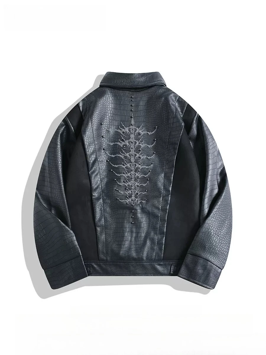 2026 Spring Autumn New Men's Cool Dark Streetwear Snake Pattern Embroidered Rivet Spliced PU Leather Biker Jacket