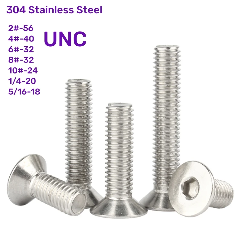 UNC Allen Hex Hexagon Socket Flat Countersunk Head Screw Bolt 2#-56 4#-40 6#-32 8#-32 10#-24 1/4-20 5/16-18 304 Stainless Steel