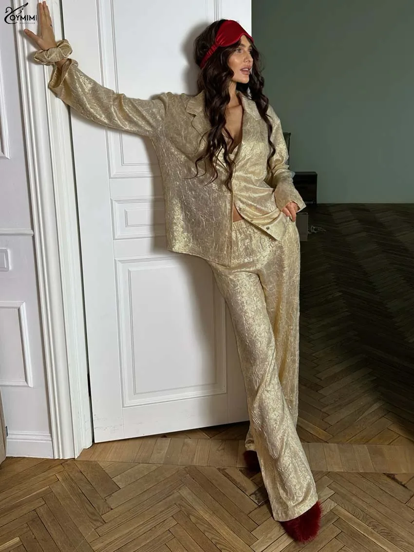 

Oymimi Elegant Gold Three Piece Outfits Woman Fashion Long Sleeve Single Breasted Shirts And Simple Bra + Straight Trousers Sets