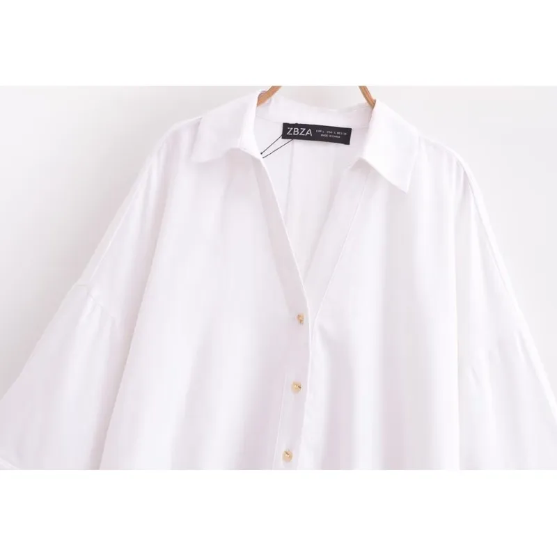 Women Wide Sleeved Shirt Pure Cotton Asymmetric Hem Button Women's Shirts Simple Lady Johnny Collar Shirts & Blouses
