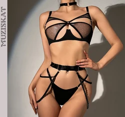 MUZISKAT  Summer New Fashion Bra Grid Splicing Mesh Skeleton Steel Ring Gathered Sexy Underwear Four-piece Set