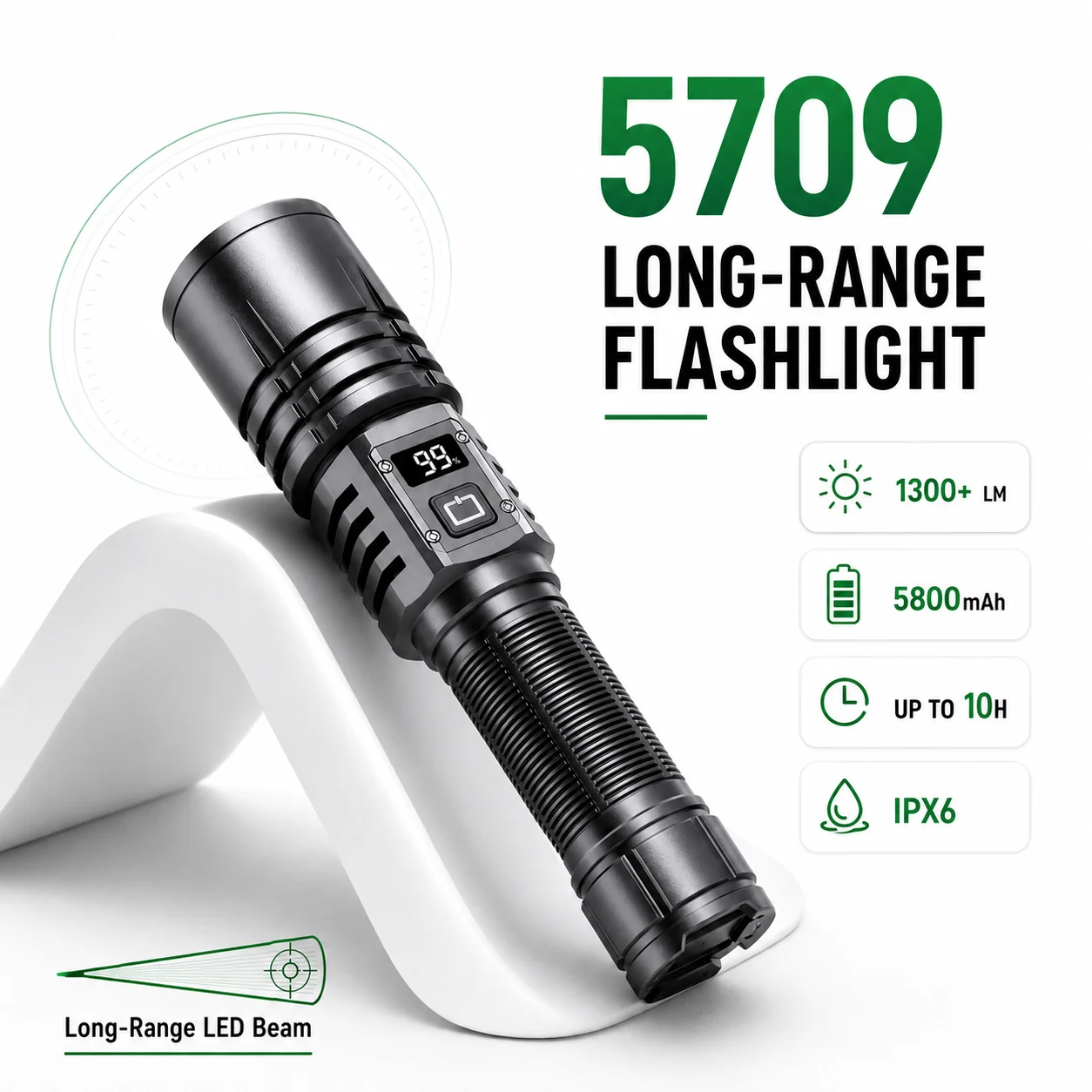 Explosion-Proof Tactical Searchlight 1300+LM 5800mAh USB-C Rechargeable Adjustable Beam LED Flashlight 5-Mode IPX6 Outdoor Torch