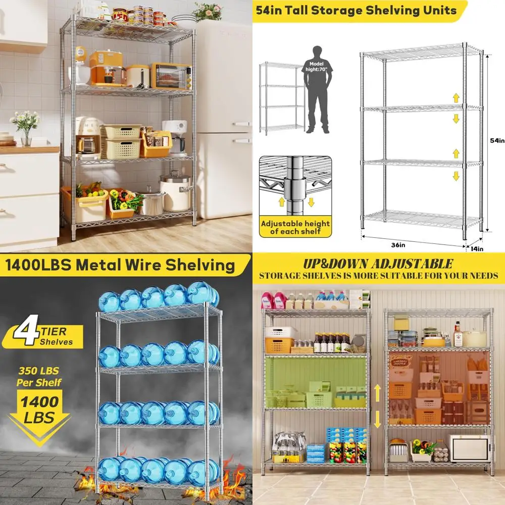 

Heavy Duty 4-Tier Adjustable Metal Garage Wire Shelving Unit, 36L x 14W x 54H, Holds 1400 lbs, Industrial Utility Storage