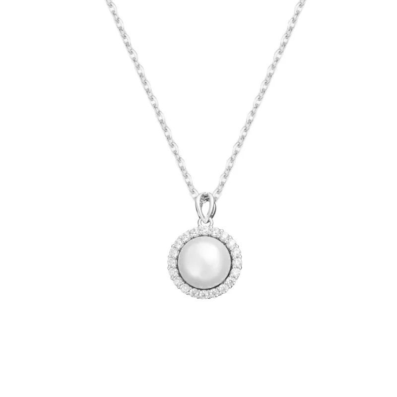 

New Sterling Silver Necklace Women's Crystal Zircon Round White Pearl Pendant Sweet Romantic Fashion Jewelry Couple Gift