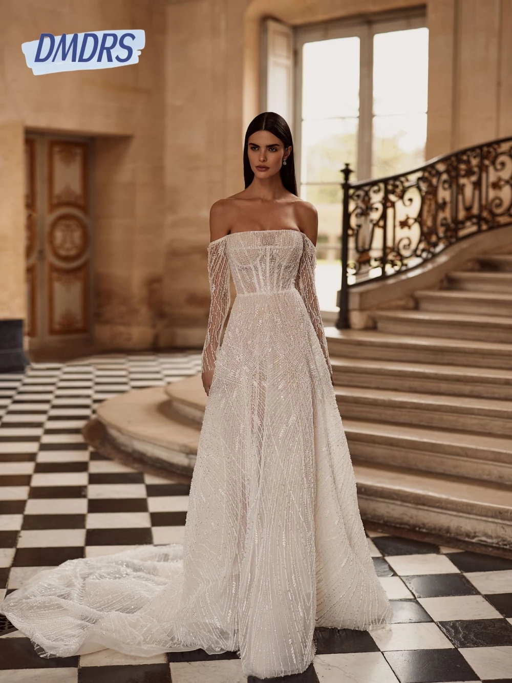 Abito da sposa con perle e paillettes da sogno lucido con spalle scoperte Abito da donna moderno personalizzato lussuoso con linea ad A Nuovo arrivo