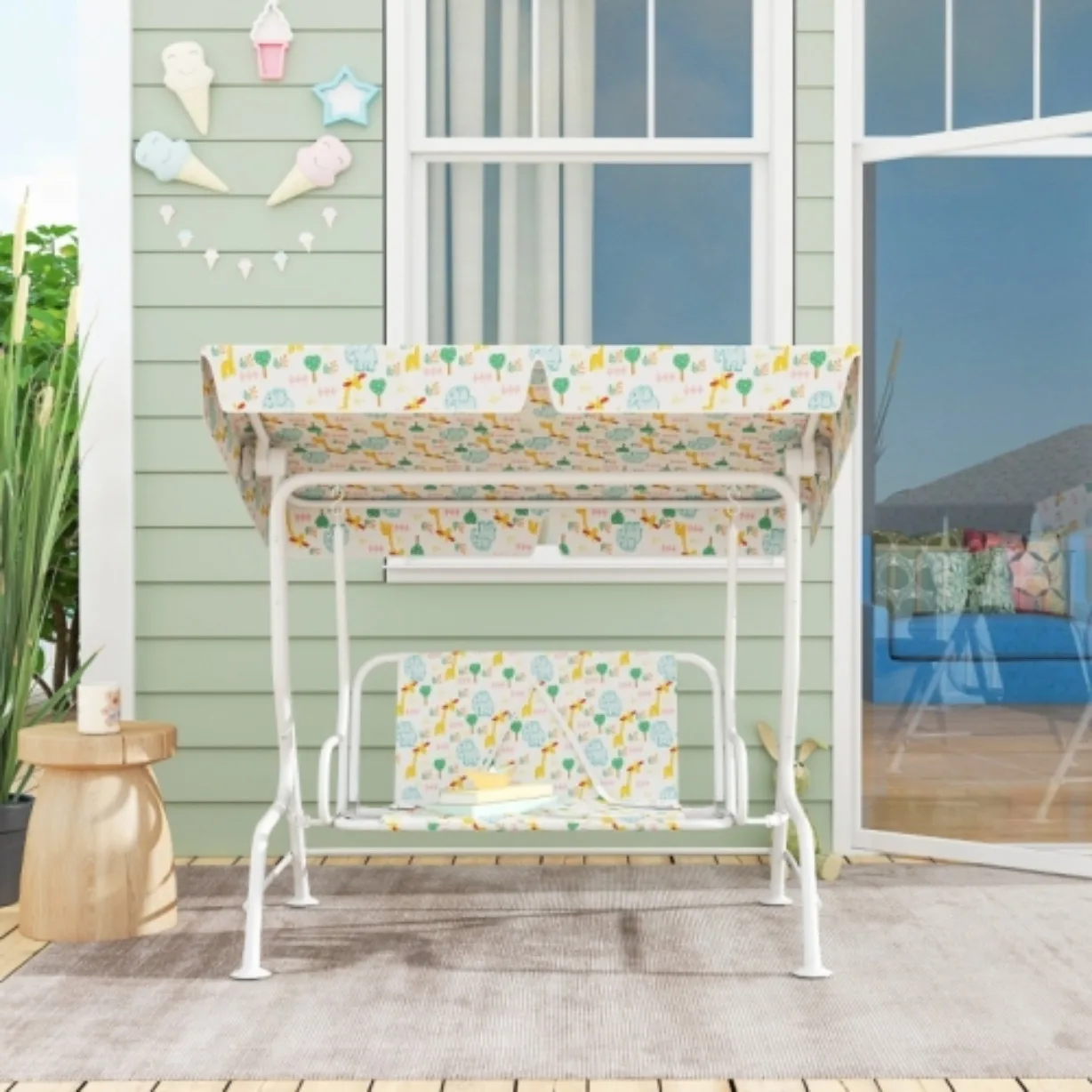 Balançoire de jardin blanche 2 places pour enfants, structure en acier, capacité 60 kg, chaise de jardin extérieure pour enfants et tout-petits, divertissement en plein air