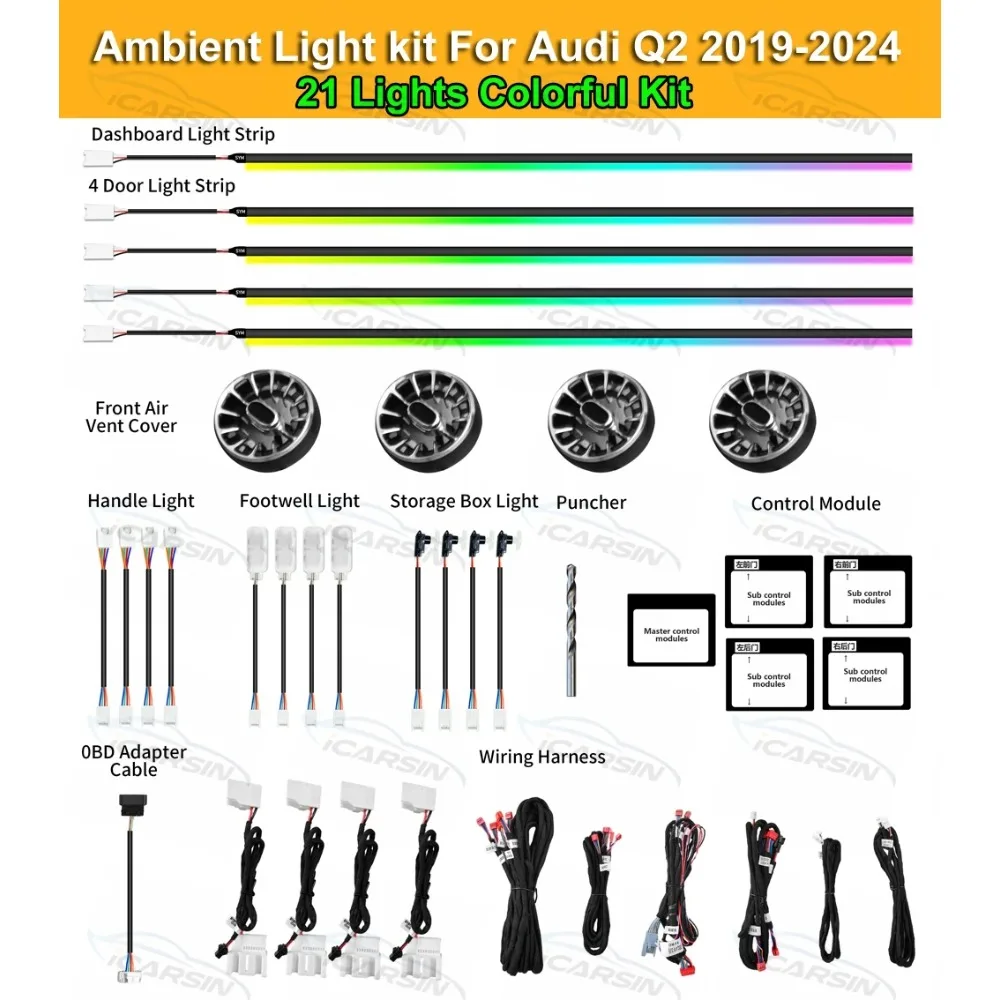 

64 Colors Ambient Lighting Upgrade Kit for Audi Q2 2019-2024 Interior LED Lights Accessories Screen Control