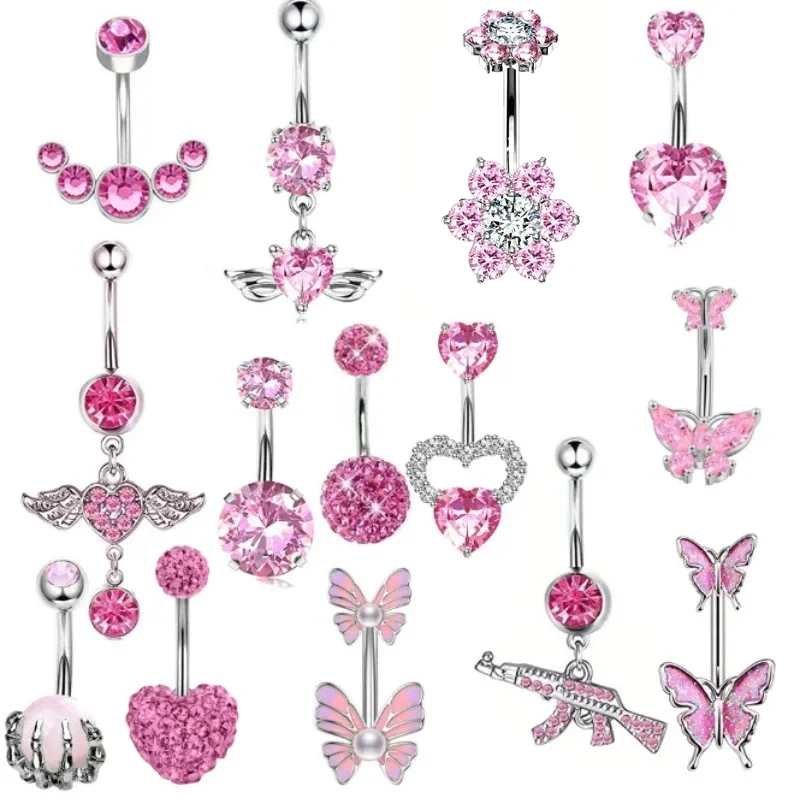 Fashion Heart Belly Button Ring Piercing Women Pink 14G Stainless Steel Butterfly Navel Belly Button Rings Body Piercing Jewelry