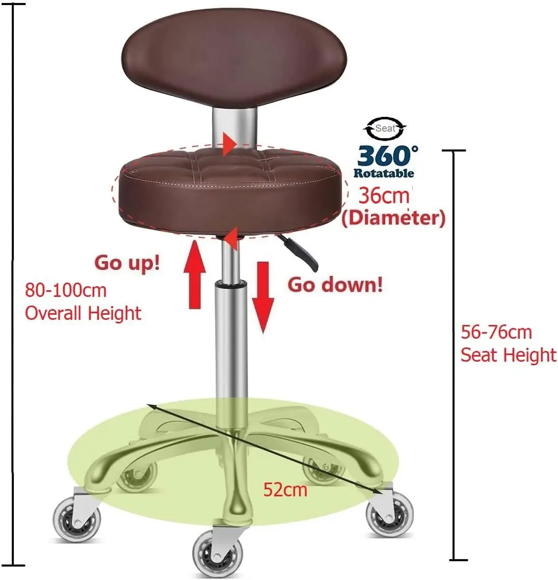 Stool Chair Adjustable Height,Heavy Duty Hydraulic Rolling Metal Stool for Kitchen,Salon,Bar,Office,Massage (with Back Re