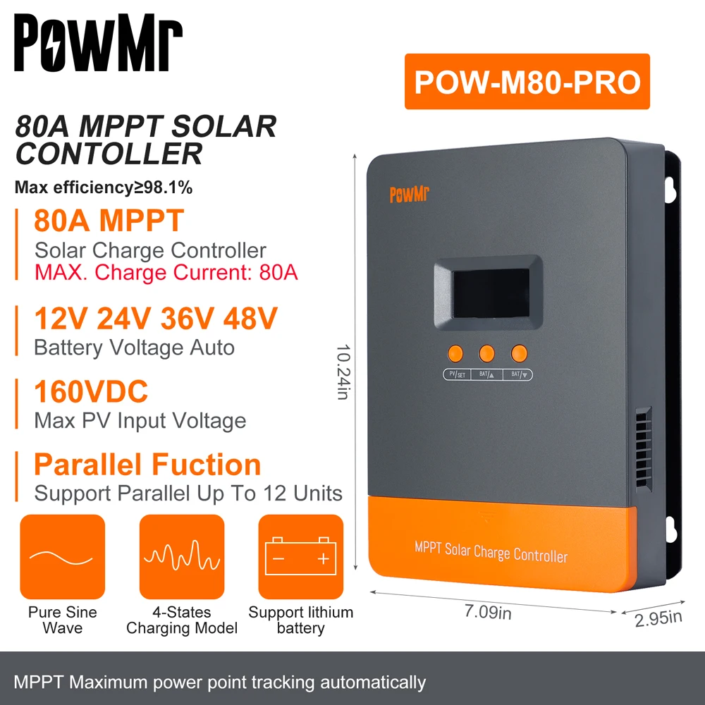 Imagem -02 - Powmr-mppt Controlador de Carga Solar Regulador de Painéis Solares Paralelo Acima 12 Unidades para Chumbo Bateria de Lítio 100a 80a 12v 24v 36v 48v