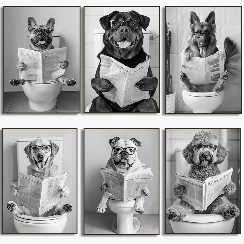 French Bulldog Sitting on Toilet Poster Corgi in Bathtub Canvas Painting Wall Art Black and White Print Bathroom Wall Decor