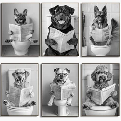 French Bulldog Sitting on Toilet Poster Corgi in Bathtub Canvas Painting Wall Art Black and White Print Bathroom Wall Decor