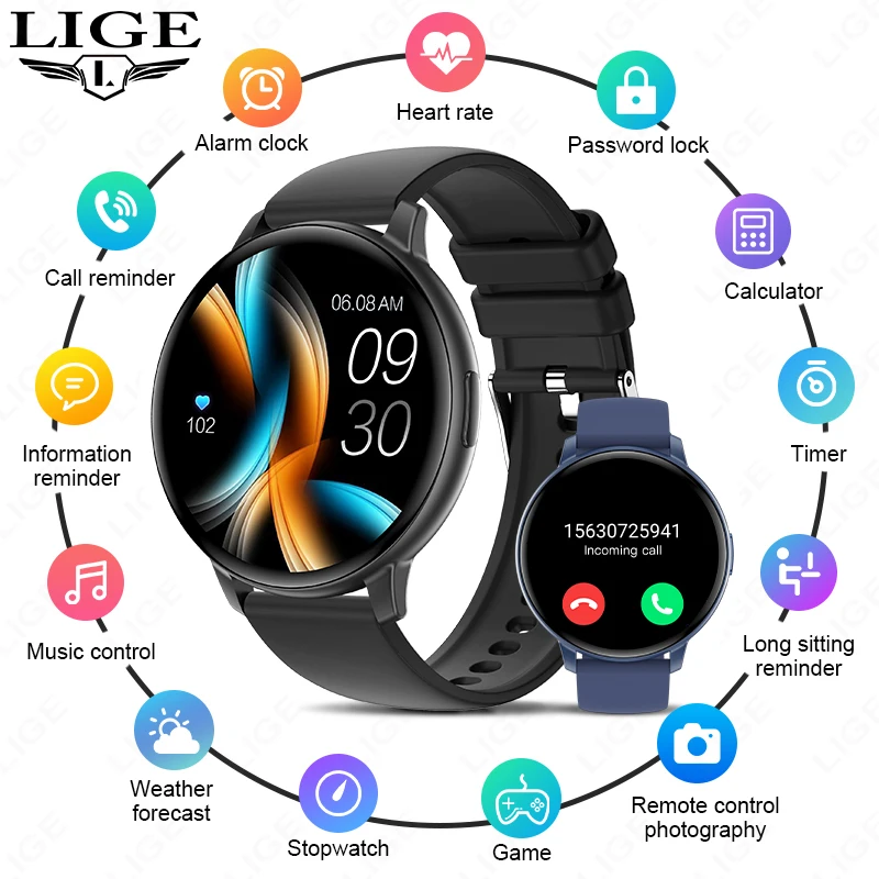 

Умные часы LIGE для мужчин и женщин, фитнес-часы с Bluetooth, функцией звонков, мониторингом сердечного ритма и сна, спортивные смарт-часы с экраном 1.38 дюйма для Android и iOS.