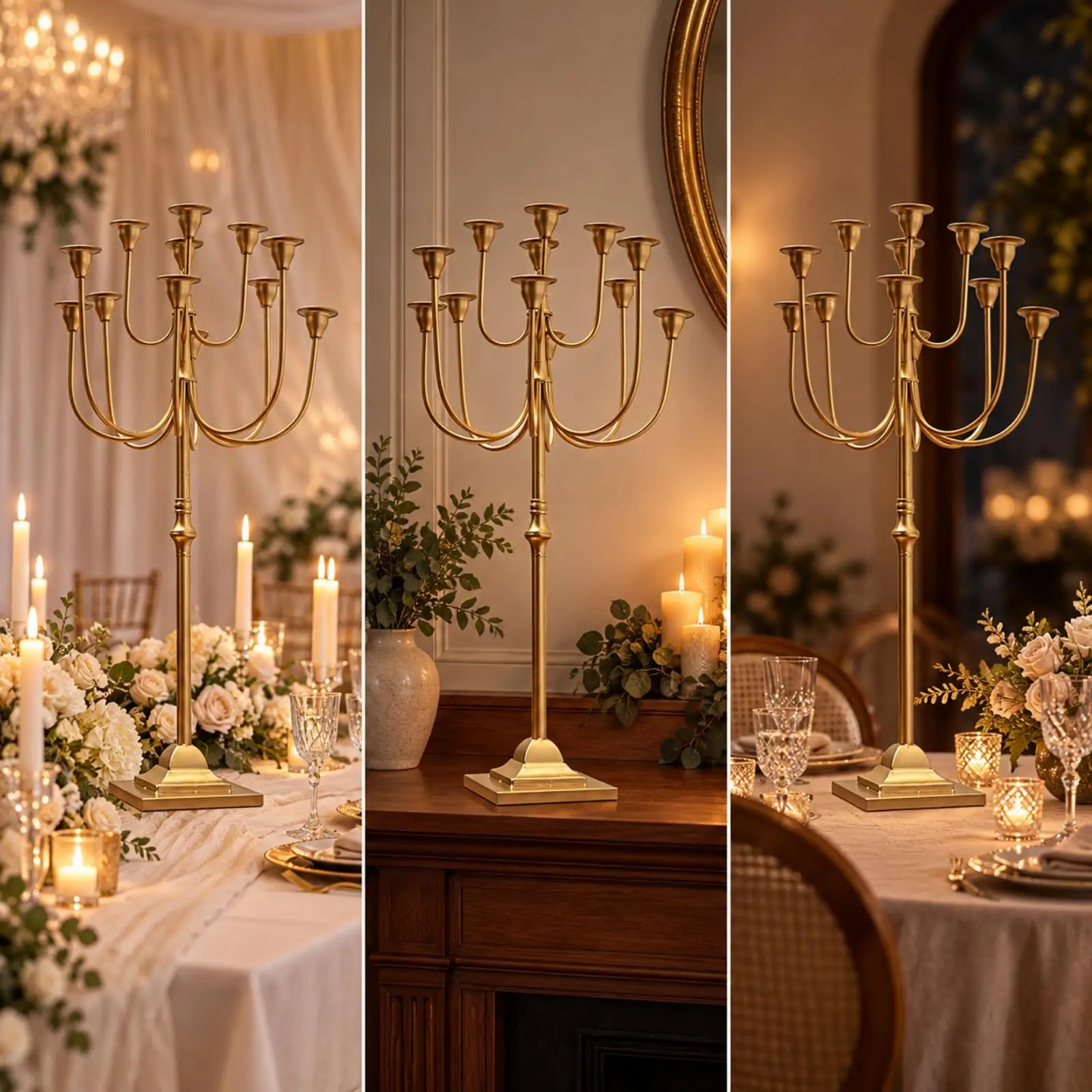 Iron Floor Candelabra Decorative Tall Candelabra with Curved Branches Gold-Tone Floor Candle Stand Lustrous Finish