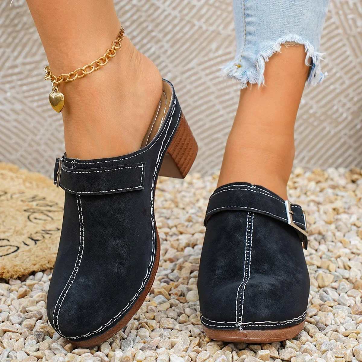 Damen Mules Pantoletten mit hohem Blockabsatz, geschlossene Zehenpartie, Slip-on, Vintage, Sommer, lässig, bequeme Wanderschuhe – Detail 6