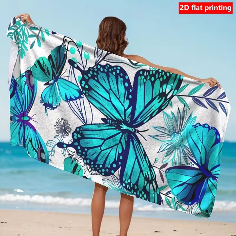 Impresionante Toalla de Playa con Estampado Plano 2D de Mariposas y Flores en Azul Turquesa, Decoración para Vacaciones en la Playa y Piscina