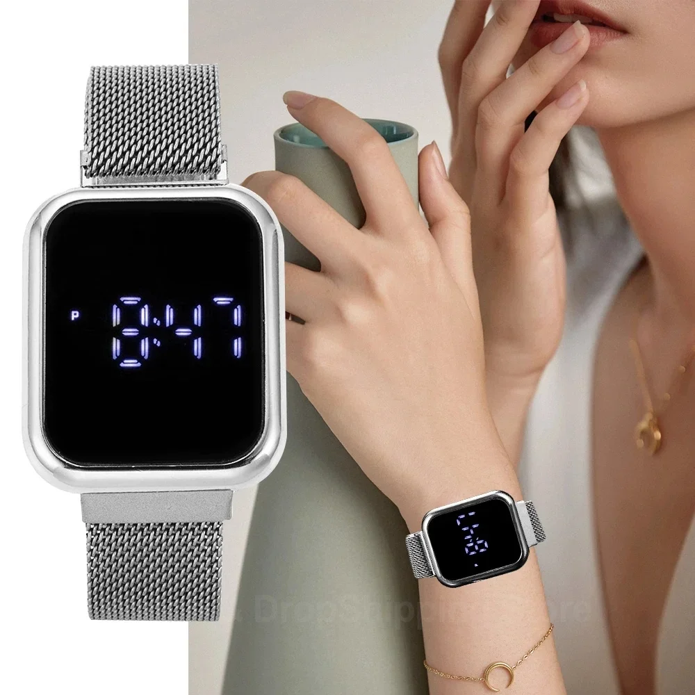 2024 Luxury LED Women Watch Man Magnetic Milanese Metal Watchband Simple Ladies Electronic Clock Digital Wristwatches