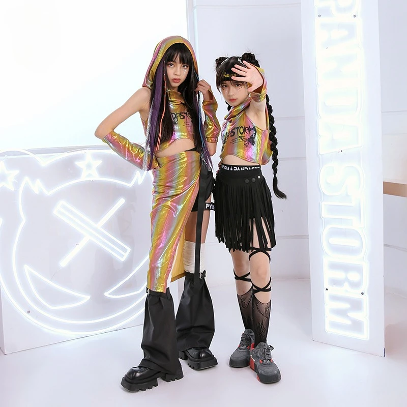 

K-pop Laser Golden Top Черные шорты Юбка Комплекты одежды Крутой костюм для уличных танцев в стиле хип-хоп Групповая уличная одежда Одежда для сценических танцев