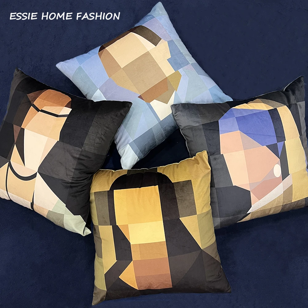 ESSIE HOME Oil Painting Mona Lisa Van Gogh Cushion Cover Pillow Case Digital Painting Geometric Decor Throw Sofa