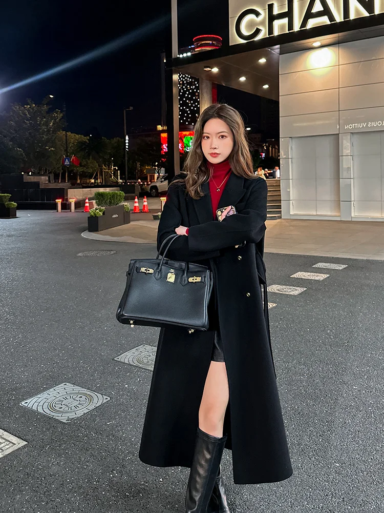 

Двустороннее шерстяное пальто Ele в черном цвете для женщин, зимнее, стройнящее, в стиле Хепберн, длинное, в корейском стиле