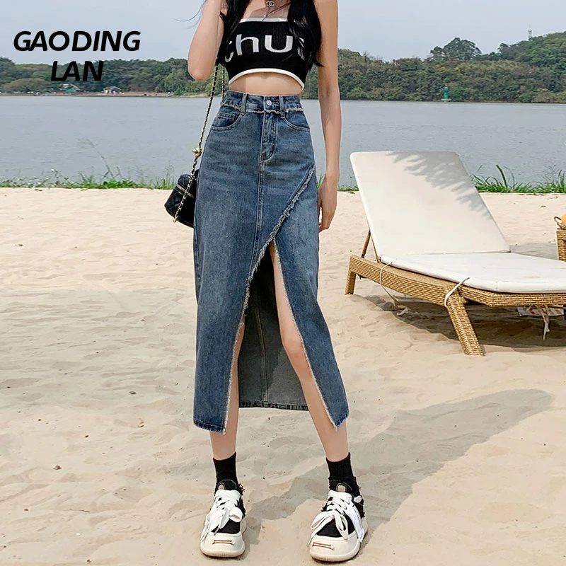 

GAODINGLAN High Waist Summer Denim Skirts Women Asymmetric Slit Streetwear Skirt Wrap Buttocks Ragged Edge Jeans Skirt Vintage