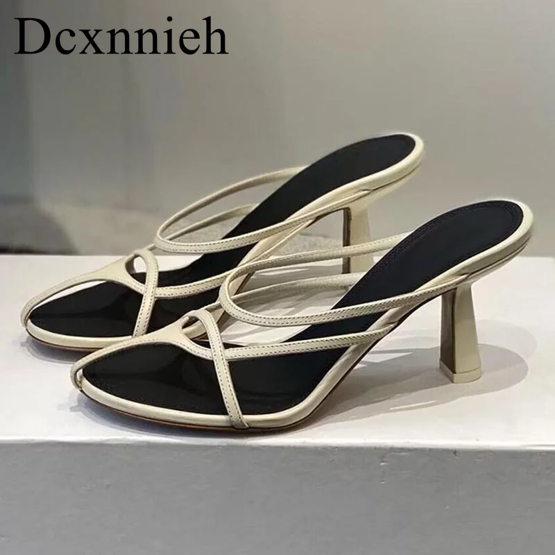 

Summer Narrow Band Sandals Genuine Leather High Heel Slippers Women's Open Toe Sandalias Outdoor Fashion Vacation Pumps 2024