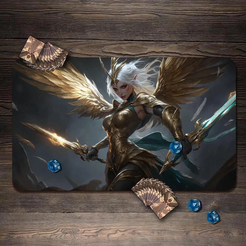 TCG Playmat Golden Wing Elf Valkyrie Female Warrior Dual Swords Gold Armor Epic Fantasy Rubber Large Desk Mat Fantasy Aesthetic