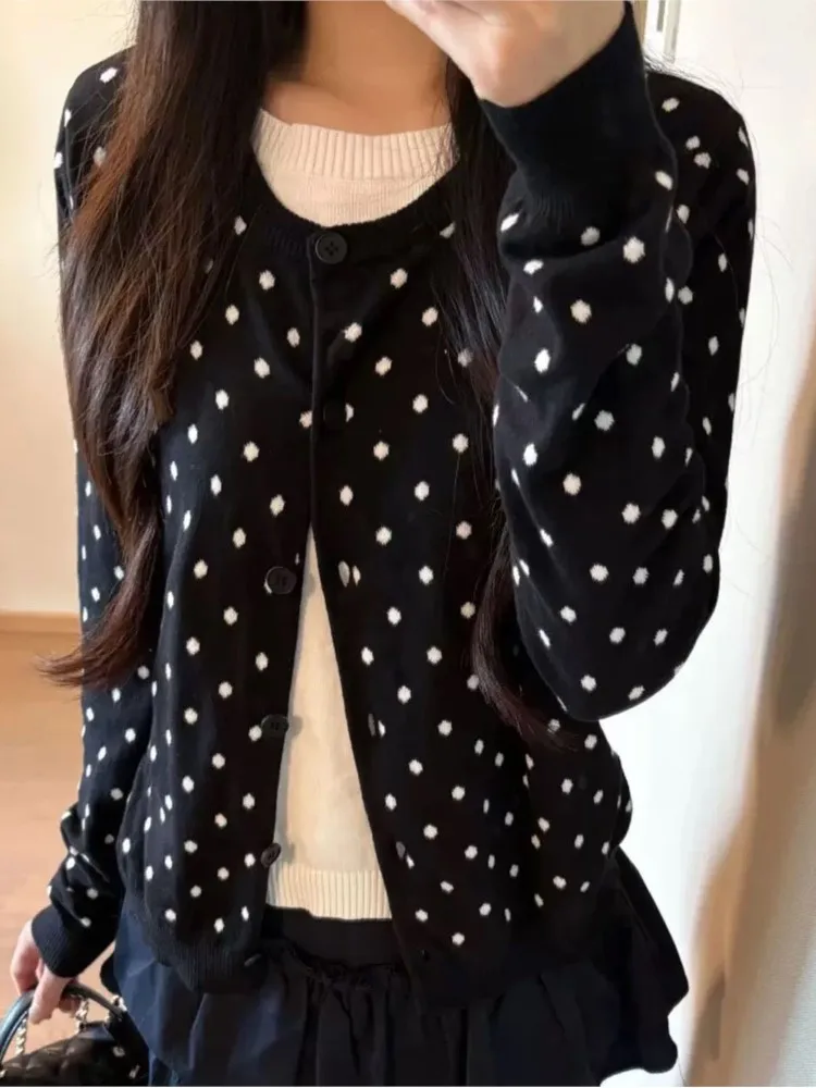 

Sweet Polka Dot Knitted Cardigan Women Autumn Casual O-neck Single-breasted Slim Crop Tops Vintage Preppy Style Chic Sweaters