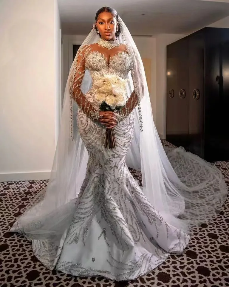 2025 African Wedding Dress High Illusion Neck Beads Sequined Sleeves Mermaid Bridal Gowns Arabic Customized Vestidos De Noiva