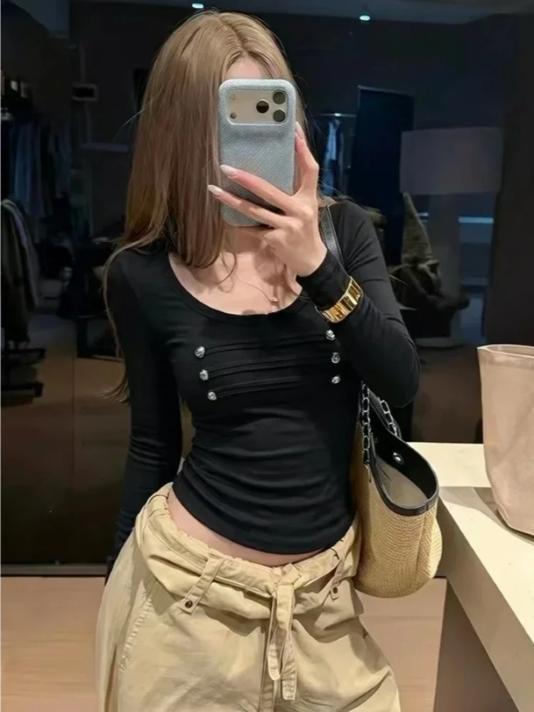 2026 Autumn Y2k Aesthetics Solid Casual Tshirts Harajuku Double-breasted Slim Fit Grunge T-shirt Streetwear Vintage Cropped Tops