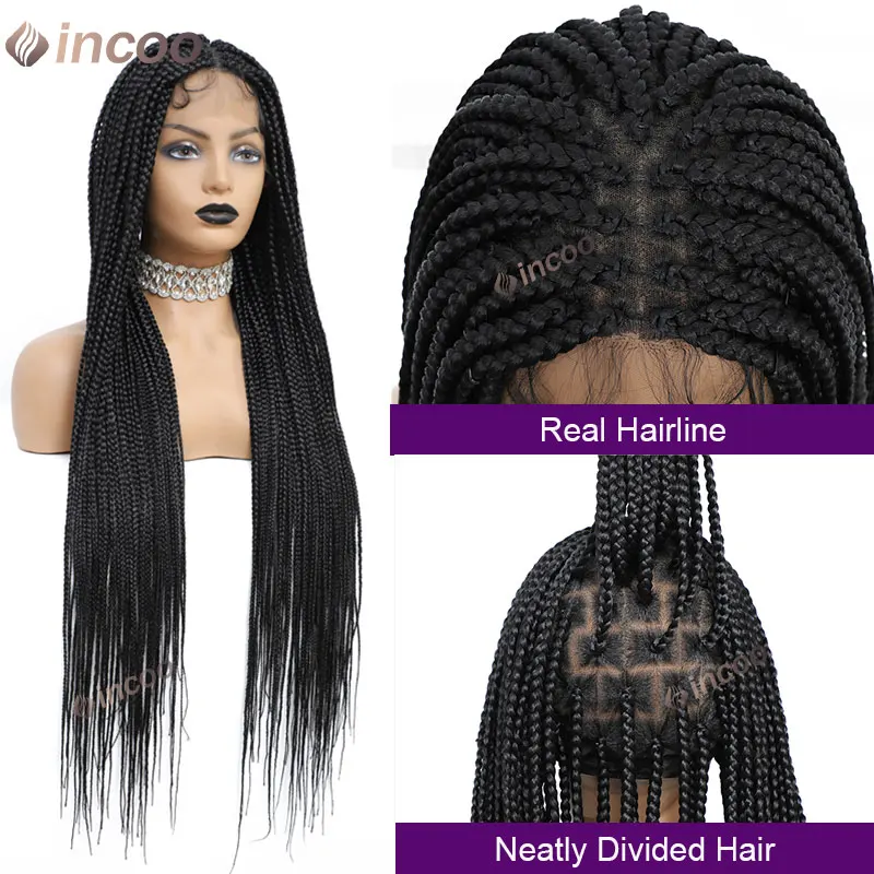 Sintético laço frontal Cornrow perucas para mulheres, caixa Knotless trançado perucas, completamente transparente, 36"