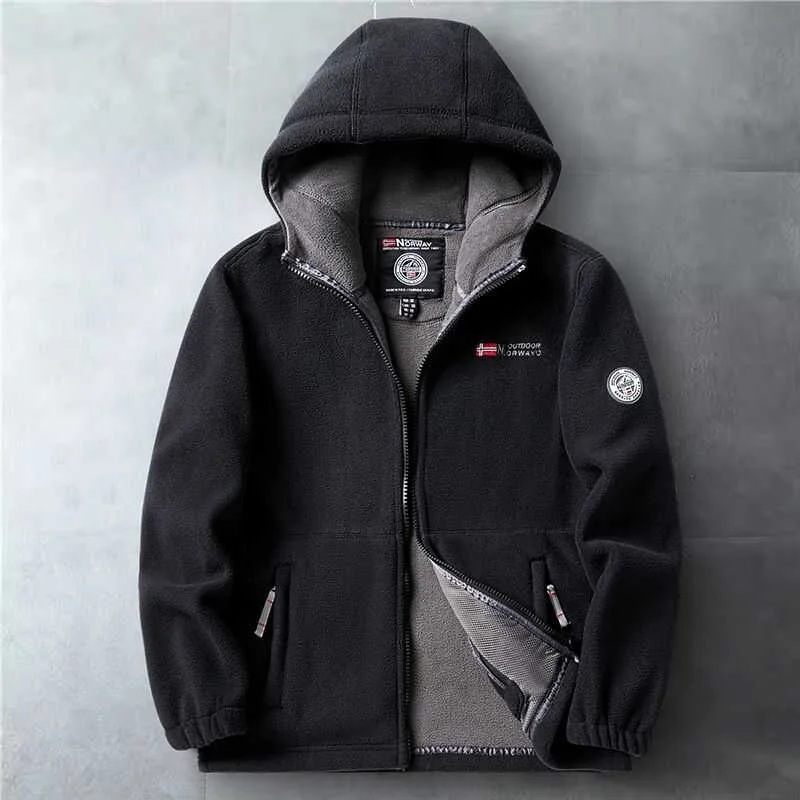 Thickened Single Fleece Double-sided Fleece Slimming Men's Jacket New Sle Loose Fit Hooded Autumn Winter Outerwear