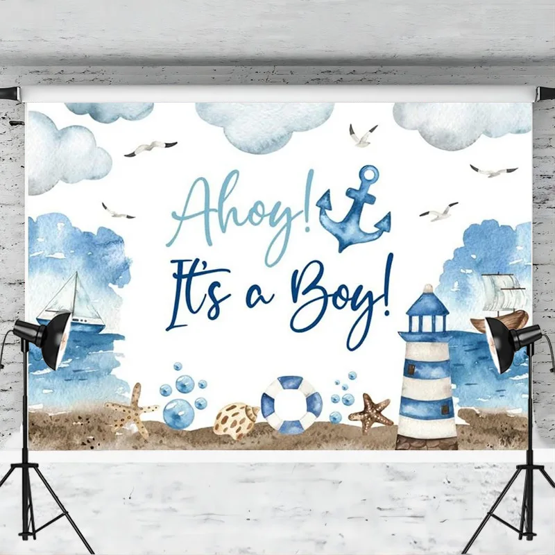 Nautical Baby Shower Backdrop It's a Boy White Clouds Blue Marine Sea Lighthouse Ship Background Party Decoration Photo Booth