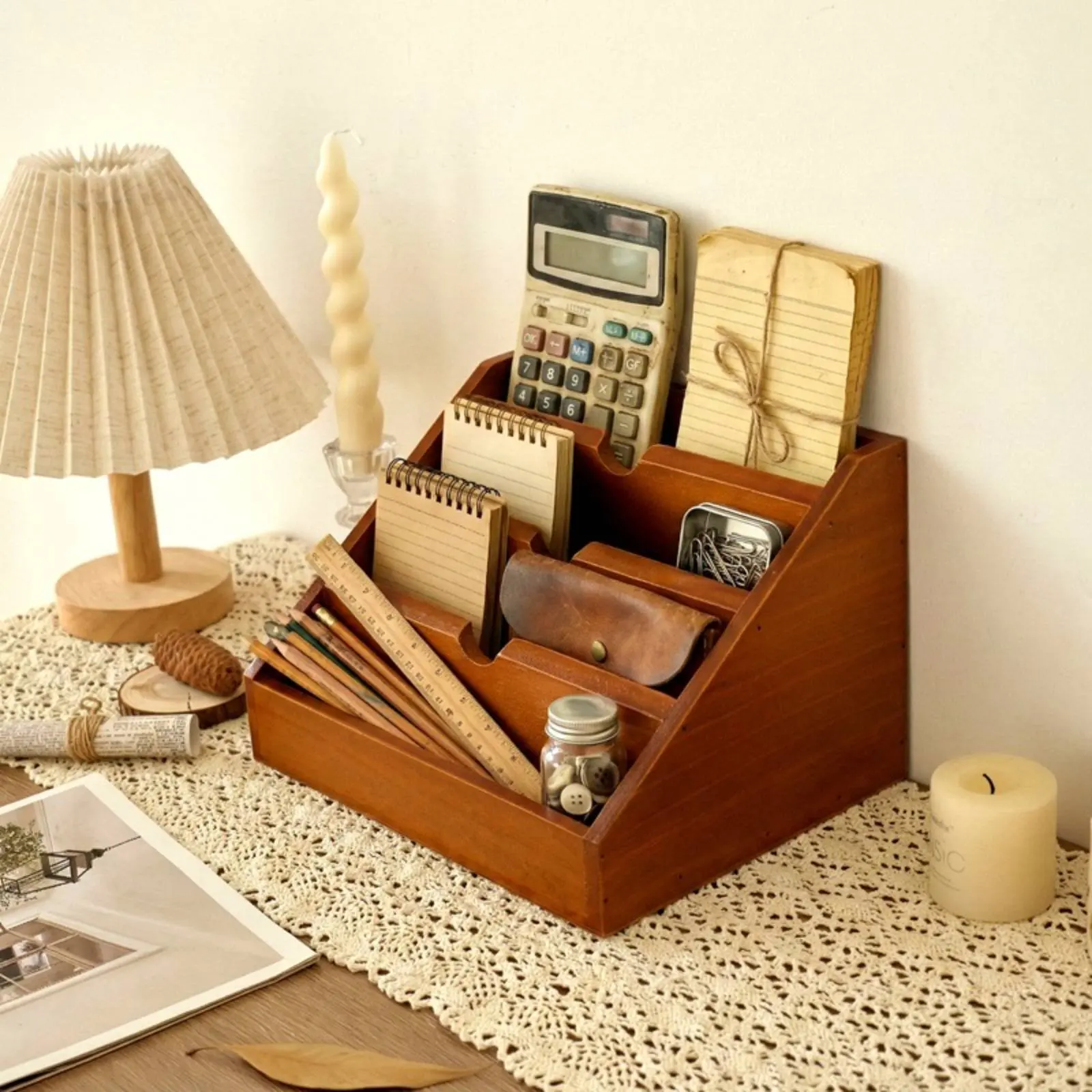 

Wooden Desk Organizer Retro Design Multi Slot Storage Box Tabletop Organizer Solid Wood Desk Storage Rack Space Saving