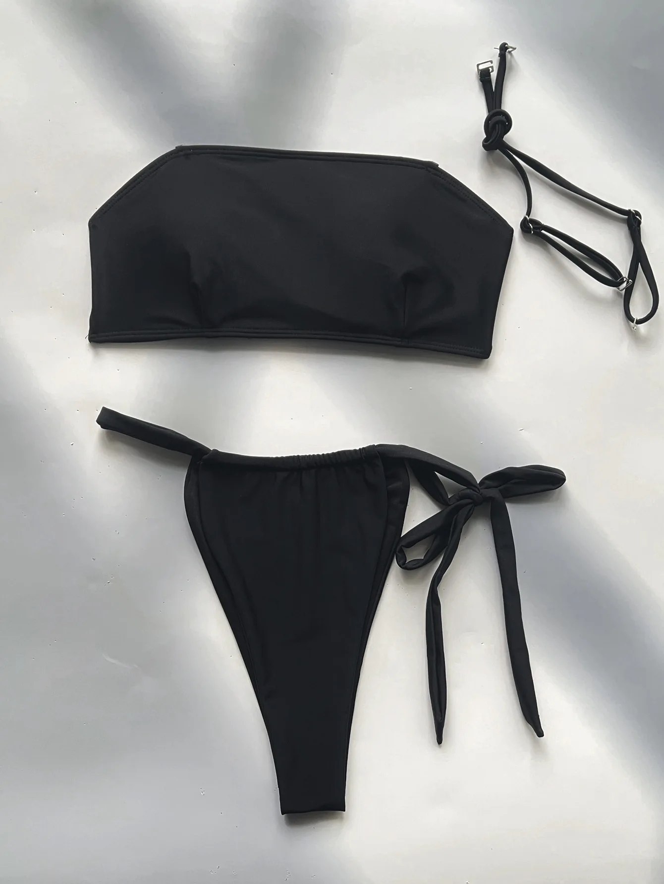 2025 Solid Color Black 2 Piece Swimsuit for Women Low Waist Thong Bikini Set Strapless Backless Beach Bathing Suit Summer New