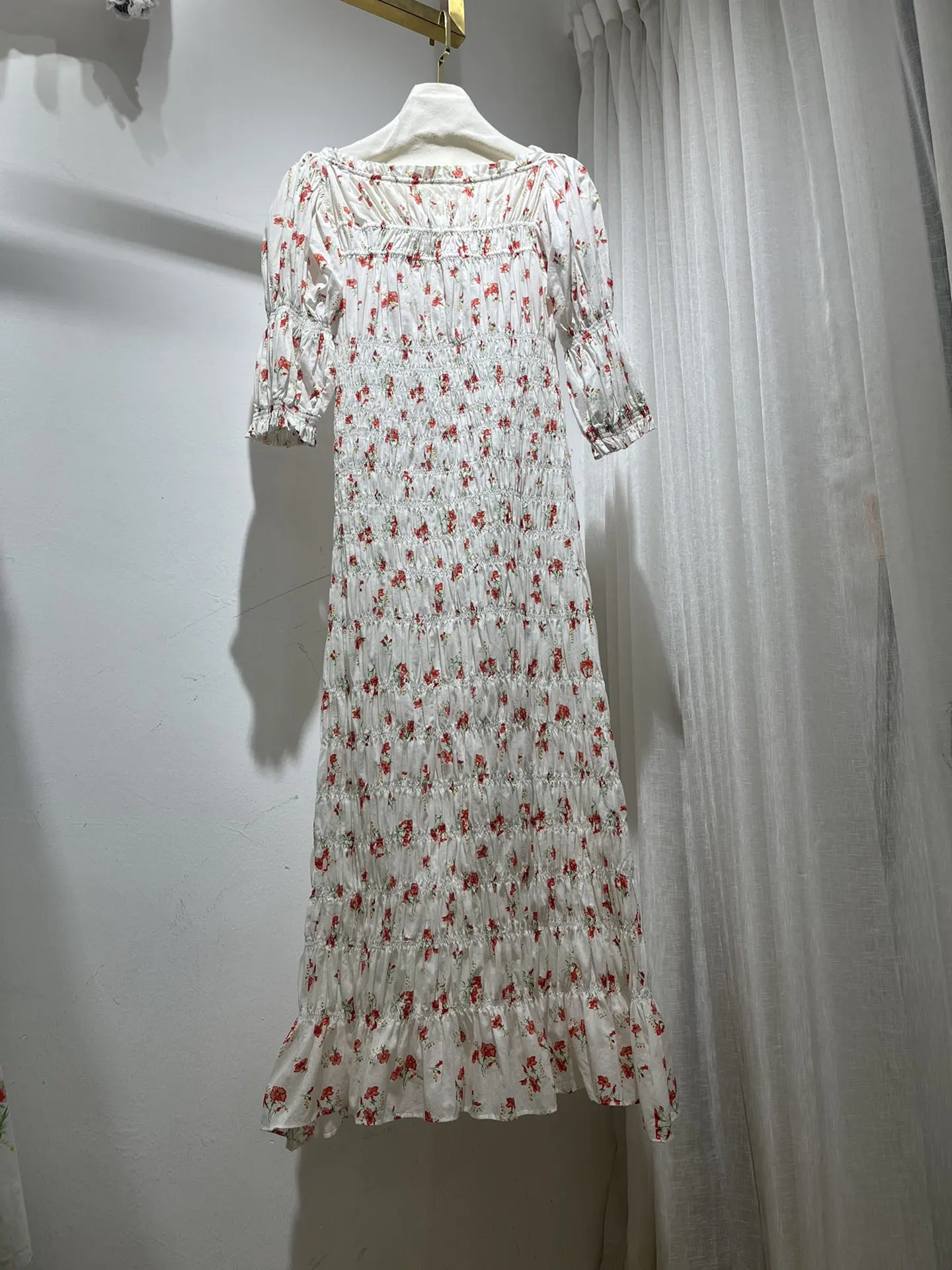 Women Flower Printed Smocking Puff Sleeve Round Neck 100% Cotton Long Dress