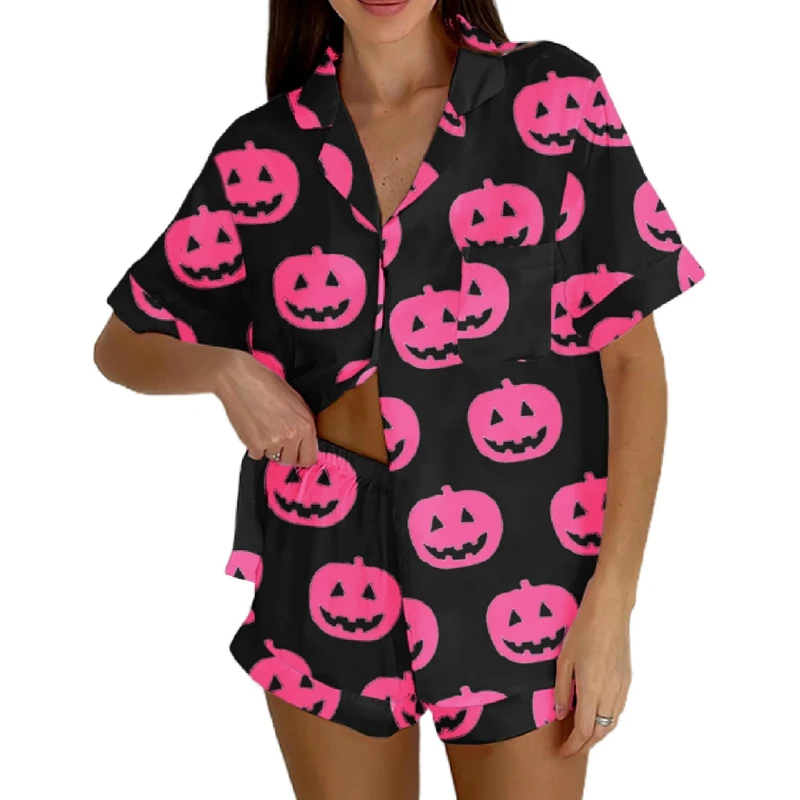 

HEZIOWYUN женский пижамный комплект из 2 предметов на Хэллоуин, атласная рубашка с милым принтом и короткими рукавами на пуговицах, шорты с эластичной резинкой на талии, одежда для сна