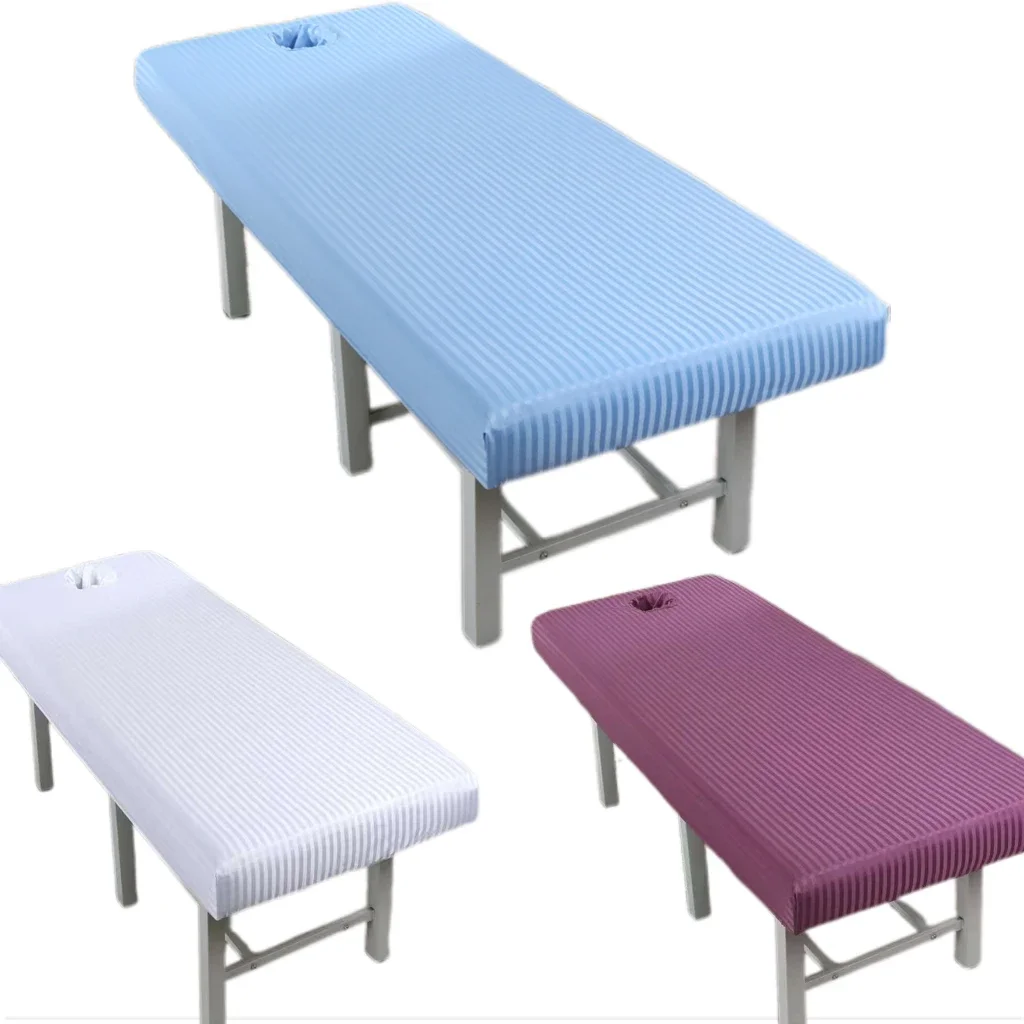 1PCS White Striped Massage Table Bed Fitted Sheet Elastic Full Cover Massage Treatment Cosmetic SPA Bed Cover with Face Hole