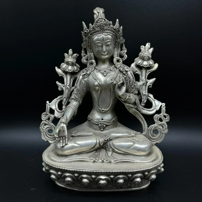 White Copper Green Tara Statue, Tibetan Buddhist Goddess Sculpture, Home Decoration Feng Shui Craft Ornament Gift